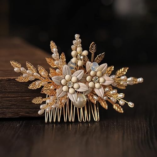 Diamant Tiara Mode Gold Blumen Blatt Perle Braut Haarkamm Hochzeit Haarschmuck Tiara Haarschmuck Party Braut Damen Haarschmuck von AMAXRcsy