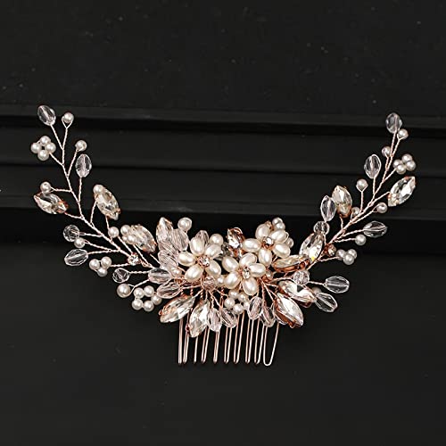 Diamant Tiara Rosegold Hochzeit Braut Haarschmuck Party Damen handgemachte Tiara Kleid Perle Kristall Haarkamm Haarband von AMAXRcsy