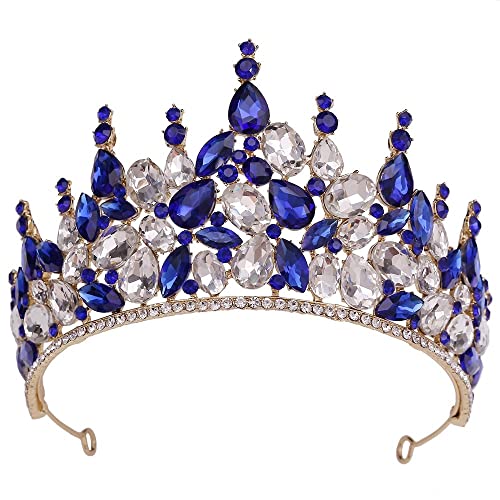 Handgefertigte, barocke, luxuriöse, große Braut-Diademe mit Strasssteinen, Kronen, Kristall, Festzug-Diadem, Brautbänder, Hochzeit, Haarschmuck, Haarreifen (Metallfarbe: Goldblau) (A Goldblau) von AMAXRcsy