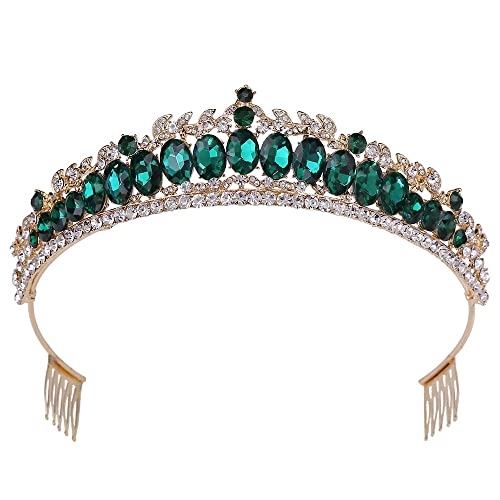 Handgefertigte Hochzeits-Kristall-Tiara, Krone, Königin, Braut, Diadem, Haarschmuck, Schmuck, Accessoires für Frauen, Festzug, Haarreifen (Metallfarbe: Silberweiß) (Goldgrün) von AMAXRcsy