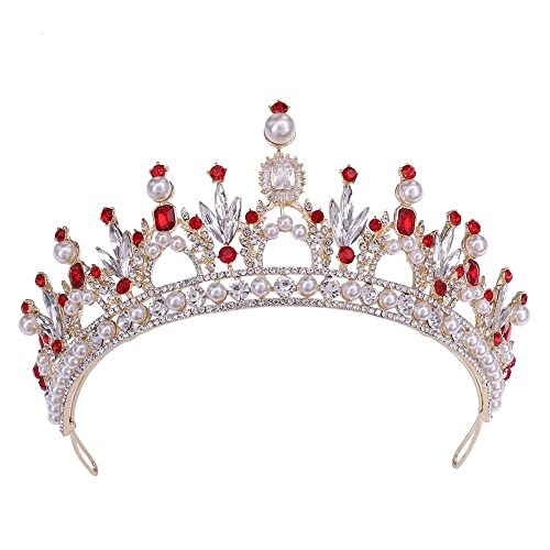 Handgefertigte Hochzeits-Tiara-Krone für die Braut, Strass-Haarschmuck, Geschenke, Kristallperlen-Haarschmuck, Damenband, Brautmode, Haarreifen (Metallfarbe: Grün) (A Rot) von AMAXRcsy