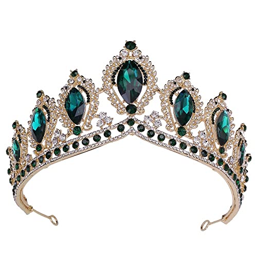 Handgefertigte Luxus-Big-Queen-Kristallkronen für Frauen, Strass-Hochzeits-Tiara, Kostüm-Party-Zubehör für Geburtstag, Schönheitswettbewerb, Haarreifen (Metallfarbe: Goldweiß) (Goldgrün) von AMAXRcsy