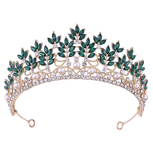 Handgefertigte Luxus-Strass-Perlen-Braut-Tiara, Krone, Kristall-Diadem, Schleier-Tiaras, Hochzeit, Haarteil, Haarreifen (Metallfarbe: Champagner) (Goldblau) von AMAXRcsy