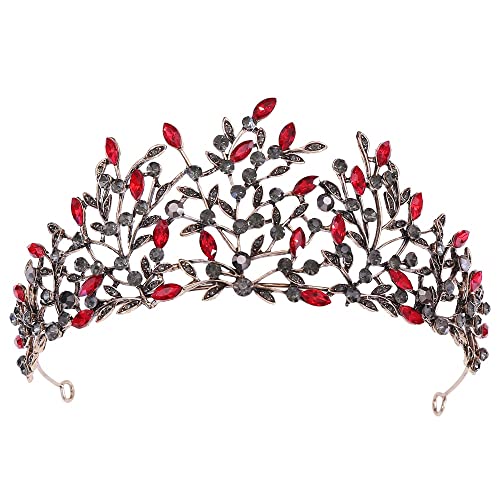 Handgefertigte Retro-Kristallblätter-Tiaras, Kronen, Prinzessin, Königin, Abschlussball, Strass-Schleier-Tiara, Hochzeit, Haarschmuck, Haarreifen (Metallfarbe: Schwarz, Weiß) (A, Schwarz, Rot) von AMAXRcsy