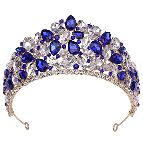 Handgefertigte große Kristall-Tiaras, Kronen, Prinzessin, Festzug, Königin, Band, Hochzeit, Haarschmuck, Abendkleid, Brautschmuck, Haarreifen (Metallfarbe: Goldblau) (A Goldblau) von AMAXRcsy