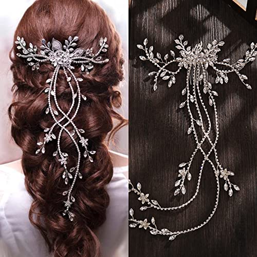 Vintage Braut-Haarkamm, langes Haar, Hochzeitskleid für Braut, handgefertigt, Hochzeit, Kristallbänder, Haarschmuck, Haarnadel-Ornamente, Haarschmuck, Abschlussball-Haarteil (Silber) von AMAXRcsy