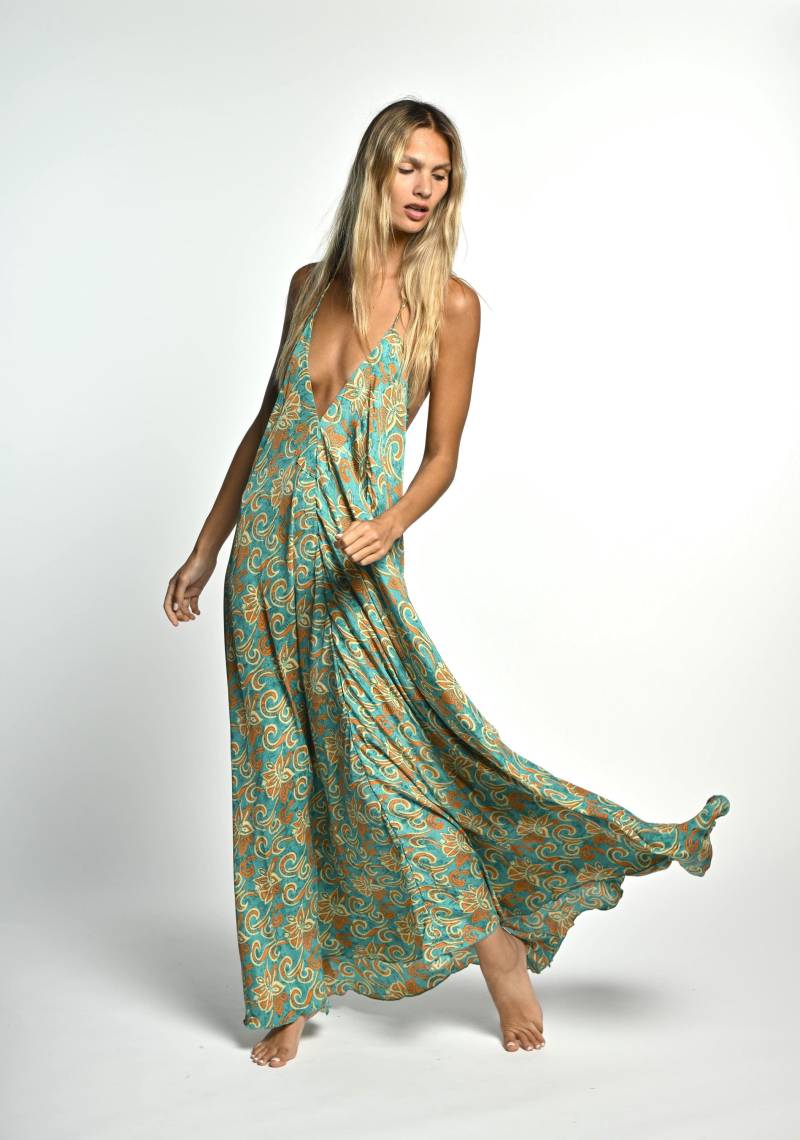 Grün Und Gelb Langes Neckholder-Kleid Für Frauen | Kleid Mit Tiefem V-Ausschnitt Offenem Rücken Slip Boho Hippie-stil Abiball Urlaub Fest von AMAYAbyML