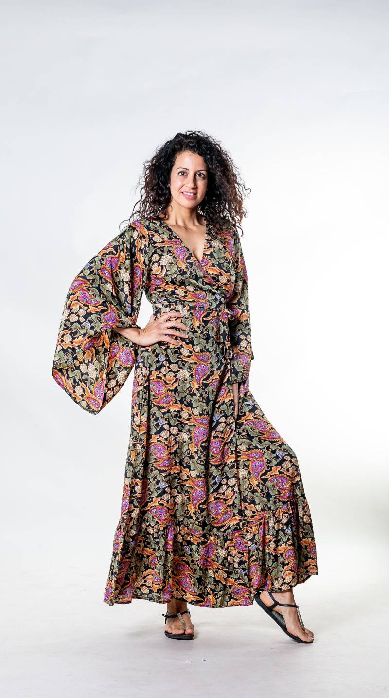Wickelkleid Boho Maxi in Floralen Print | Langes Kleid Mit Ärmeln Kimono Maxikleid Hippiekleid Abendkleid Festival von AMAYAbyML