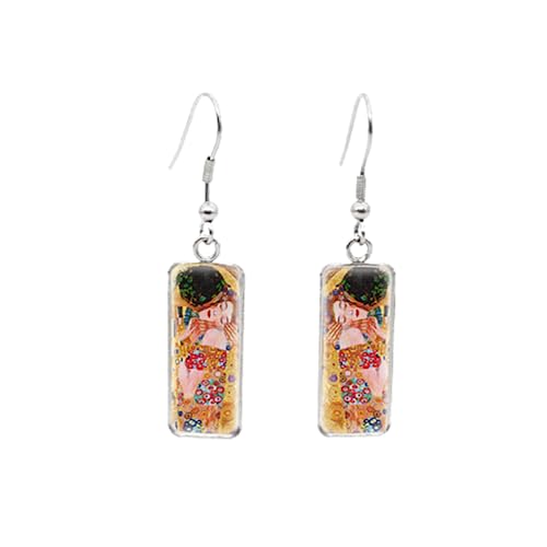 Neu Gustav Klimt Gemälde Goldene Tränen Rechteck Ohrringe Kuss Malerei Schmuck Mutter Liebe Baby Fisch Haken Ohrringe Artware Konstellation, 25, Glas, Erstellt Peridot von AMAZETEC