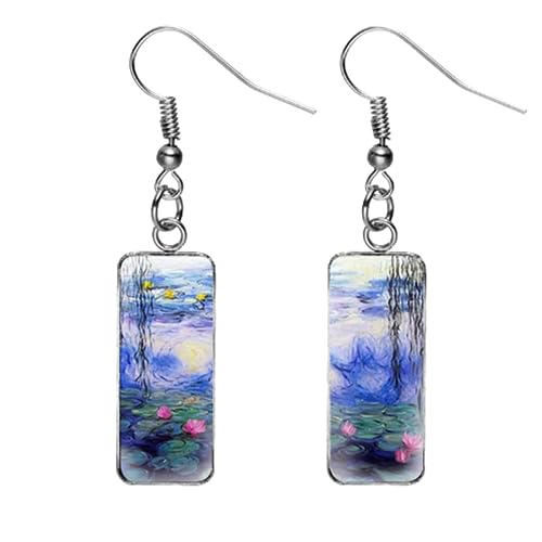 Retro Monet Wasserlilie Ölgemälde baumeln Ohrringe Handgemachte Kunst Bild Glas Cabochon Rechteck Fischhaken Ohrringe Winzige Ohrringe Hipster, 25, Glas, Künstlicher Peridot von AMAZETEC