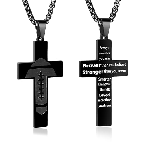 AMAZINGSUN Fußball-Kreuz-Halskette für Herren, schwarzes Kreuz-Halskette für Herren. Sportlicher Edelstahl-Bibelvers-Anhänger, Halsketten, Geschenke, Erstkommunion, Taufe, religiöse Anhängerkette von AMAZINGSUN