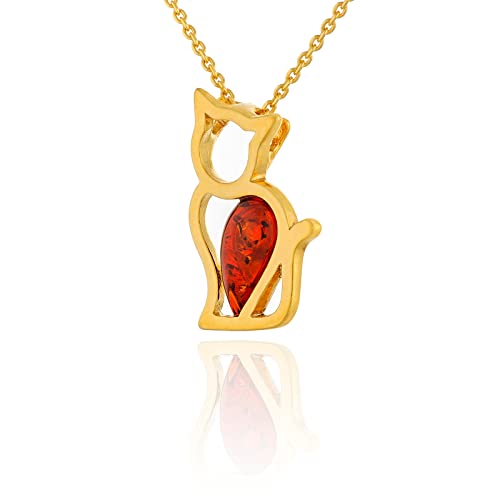 AMBEDORA, Origami-Katzen-Halskette für Damen, Vergoldetes Sterling Silber, Baltischer Naturbernstein in Cognac Farbe, Vergoldeter Anhänger mit Kette von AMBEDORA