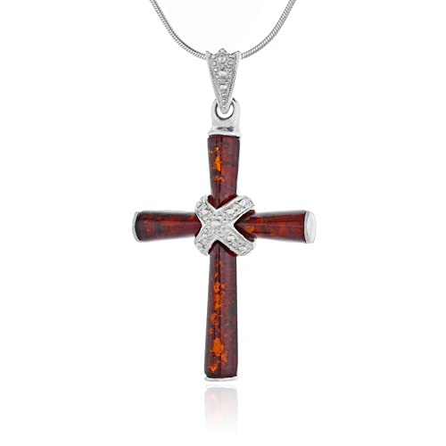 AMBEDORA Bernstein Kreuz Halskette | 925 Sterling Silber | Cognac Baltischer Bernstein | Anhänger Kreuz Amber K mit Kette | Originelle Geschenkidee von AMBEDORA