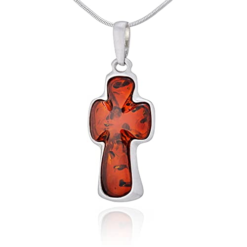 AMBEDORA Bernstein Kreuz Halskette, Sterling Silber 925, Cognac Baltischer Bernstein, Anhänger Kreuz Amber R mit Kette, Originelle Geschenkidee von AMBEDORA