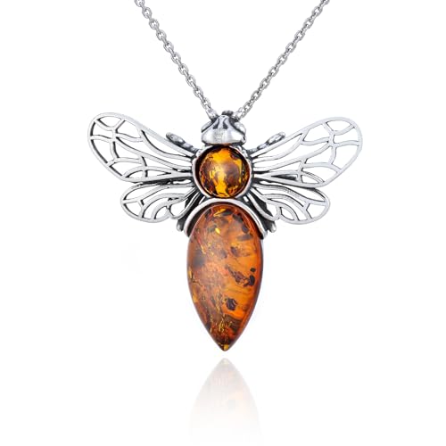 AMBEDORA Damen Biene mod.3 Halskette mit Bernstein, Oxidiertes Sterling Silber, Baltischer Bernstein in Cognac Farbe, Silber Anhänger mit Kette von AMBEDORA