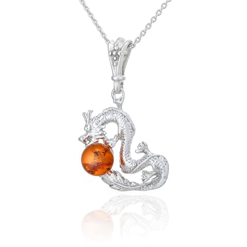 AMBEDORA Damen Chinesische Drachen Halskette mit Bernsteinkugel, Sterling Silber Poliert, Baltischer Bernstein in Cognac Farbe, Silber Anhänger mit Kette von AMBEDORA