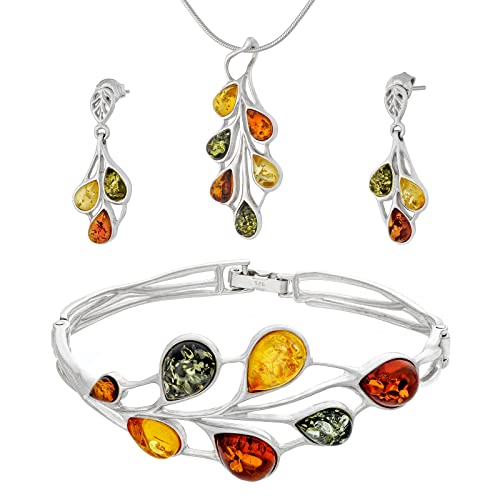 AMBEDORA Großes Amber 458 Schmuckset für Damen, Poliertes Sterling Silber, Farbiger Baltischer Bernstein, Silberarmband, Kettenanhänger und Ohrringe von AMBEDORA