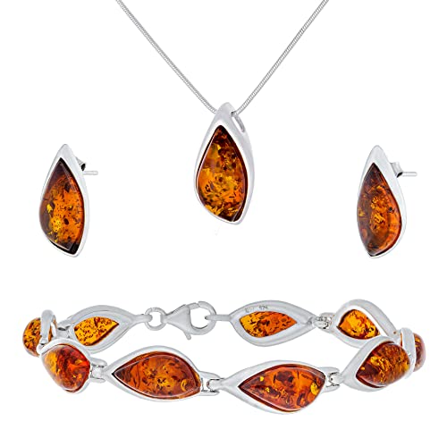 AMBEDORA Damen Großes Amber 846A Schmuck Set, Sterling Silber 925 Glanz, Cognac Baltischen Bernstein, Silber Anhänger mit Kette und Ohrringe von AMBEDORA