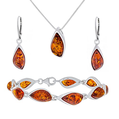 AMBEDORA Damen Großes Amber 846B Schmuck Set, Sterling Silber 925 Glanz, Cognac Baltischen Bernstein, Silber Anhänger mit Kette und Ohrringe von AMBEDORA
