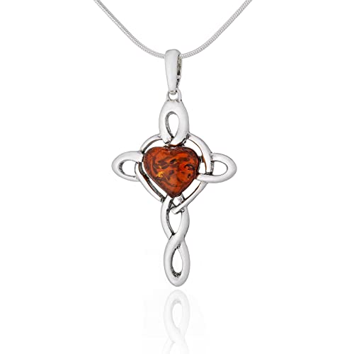 AMBEDORA Damen Halskette 925 Silber Oxidiert Herz Baltischer Bernstein Kreuz Anhänger mit Bernstein Herz in Cognac Farbe auf Kette Fertig zum Geschenk Set von AMBEDORA