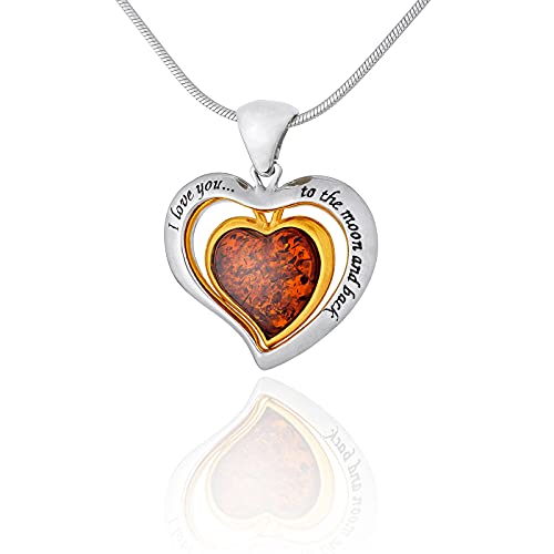 AMBEDORA Damen Halskette 925 Silber Vergoldet 14k Baltischen Bernstein Herzchen Anhänger V1 mit Bernstein Doppel Herzchen mit Gravur - J love you to the moon and back AMBEDORA Damen Halskette 925 Silber Vergoldet 14k Baltischen Bernstein Herzchen Anhänger V1 mit Bernstein Doppel Herzchen mit Gravur - J love you to the moon and back von AMBEDORA