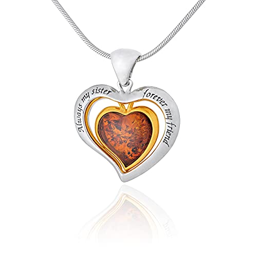 AMBEDORA Damen Halskette 925 Silber Vergoldet 14k Baltischen Bernstein Herzchen Anhänger V2 mit Bernstein Doppel Herzchen mit Gravur Always my sister forever my friend von AMBEDORA