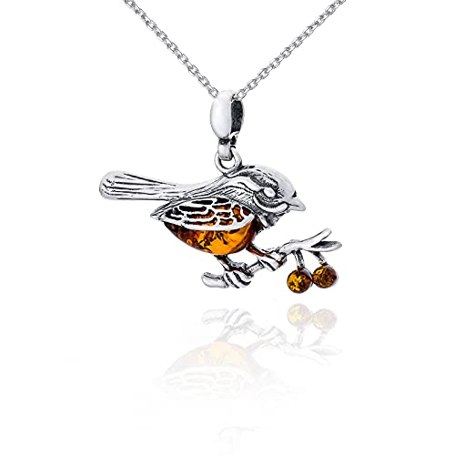 AMBEDORA Damen Halskette Bernsteinspatz, Oxidiertes Sterling Silber, Baltischer Bernstein in Cognac Farbe, Silberanhänger mit Kette von AMBEDORA