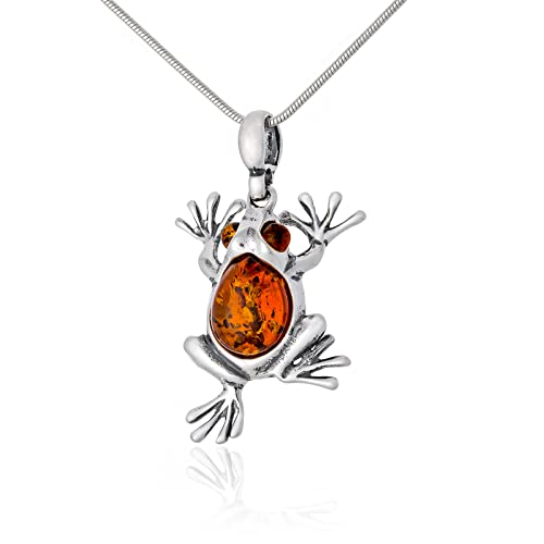 AMBEDORA Damen Halskette Frosch I, Oxidiertes Sterling Silber, Baltischer Bernstein in Cognac Farbe, Silber Anhänger mit Kette von AMBEDORA