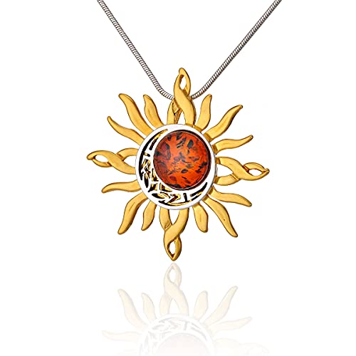 AMBEDORA Damen-Halskette Sterling Silber Vergoldet 14k, Runder Baltischer Bernstein, Keltischer Sonne und Mond-Anhänger an Schlangenkette, Geschenk-Set von AMBEDORA