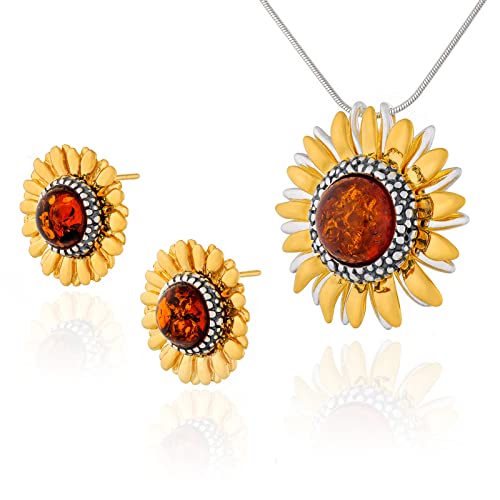 AMBEDORA Damenschmuck Set Sonnenblumen, Vergoldetes, Oxidiertes Sterling Silber, Baltischer Bernstein in Cognac Farbe, Vergoldeter Anhänger an Kette und Ohrringe von AMBEDORA