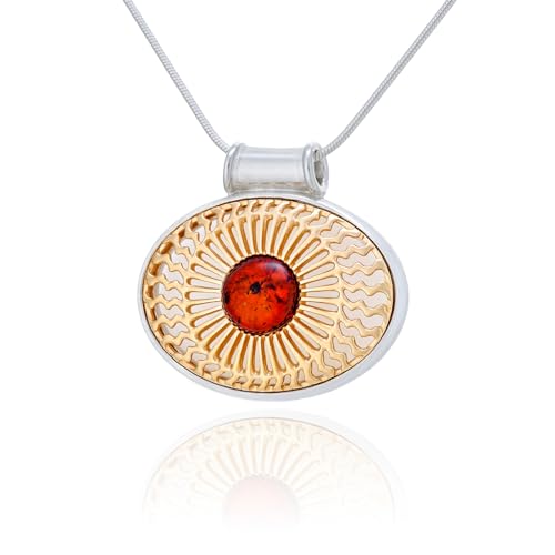 AMBEDORA Damen Magische Sonnenhalskette mit Bernstein, Vergoldetes Sterling Silber, Baltischer Bernstein in Cognac Farbe, Vergoldete Anhänger mit Kette von AMBEDORA