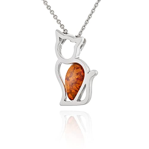 AMBEDORA Damen Origami Katzen 2 Halskette, Poliertes Sterlingsilber 925, Baltischer Bernstein in Cognacfarbe, Silberanhänger mit Kette von AMBEDORA