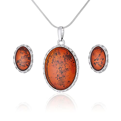 AMBEDORA Damen Schmuckset Catherine | Sterling Silber 925 Glanz | Baltischer Bernstein in der Farbe Cognac | Kettenanhänger und Ohrringe | Fertiges Geschenkset von AMBEDORA