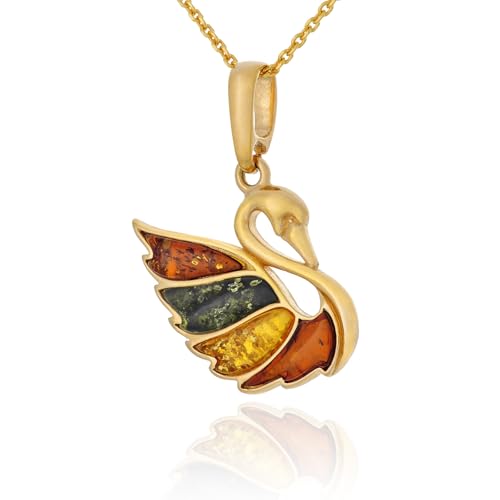 AMBEDORA Damen Schwan Halskette mit Bernstein, Vergoldetes Sterling Silber, Natürlicher Bunter Baltischer Bernstein, Vergoldeter Anhänger mit Kette von AMBEDORA