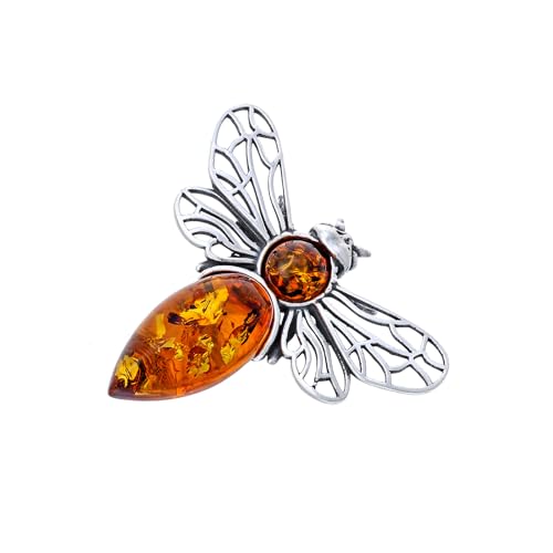 AMBEDORA Damen Silber Brosche Biene mod.3 mit Bernstein, Poliertes Sterling Silber, Baltischer Natur Bernstein in Cognac Farbe von AMBEDORA
