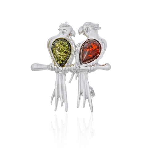 AMBEDORA Damen Silber Brosche Papageien mit Bernstein I Baltischer Bernstein in Zwei Farben | Sterling Silber 925 Glanz | Ein Geschenk für Ihren besten Freund von AMBEDORA