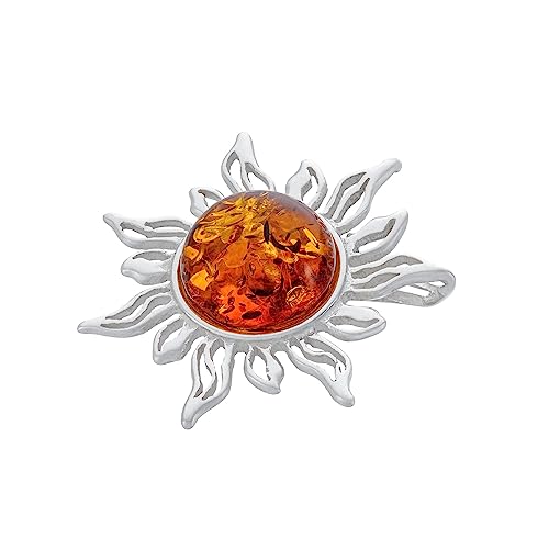 AMBEDORA Damen Silber Brosche Sonne mit Bernstein, Poliertes Sterling Silber, Baltischer Bernstein in Cognac Farbe von AMBEDORA
