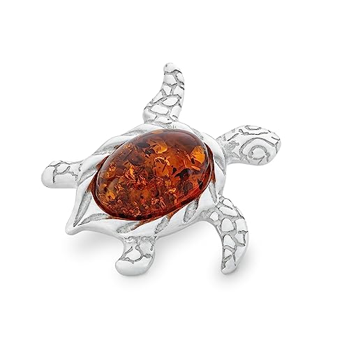 AMBEDORA Damen Silber Meeresschildkröte Brosche mit Bernstein, Poliertes Sterling Silber, Oval Baltischen Bernstein, Brosche mit Anhänger Funktion von AMBEDORA