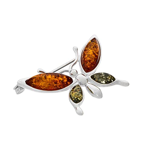 AMBEDORA Damen Silber Schmetterling Brosche mit Bernstein, Poliertes Sterling Silber, Baltischer Bernstein in Zwei Farben von AMBEDORA