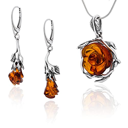 AMBEDORA Damen Silber Schmuck Set Amber 060B Bernsteinrosen, Anhänger mit Kette und Ohrringen, Baltische Bernstein, Silber 925 von AMBEDORA