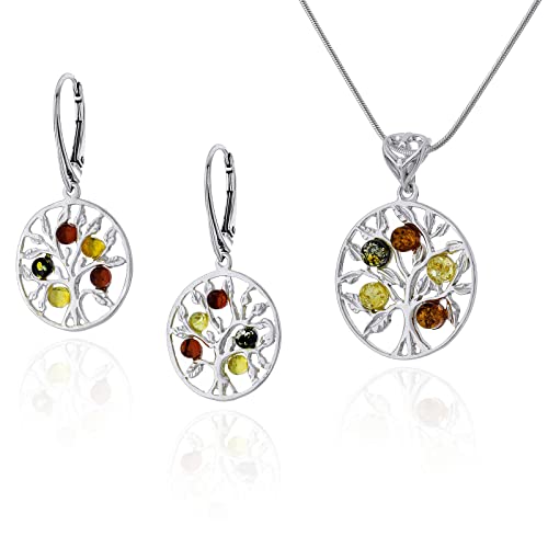 AMBEDORA Damen Silber Schmuck Set Baum des Lebens II, Anhänger mit Kette und Ohrringen, Bunten Baltischen Bernstein, Sterling Silber 925, Geschenkidee von AMBEDORA