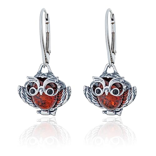 AMBEDORA Damen Silber Weise Eule Ohrringe mit Bernstein, Oxidiertes Sterling Silber, Baltischer Bernstein in Cognac Farbe von AMBEDORA