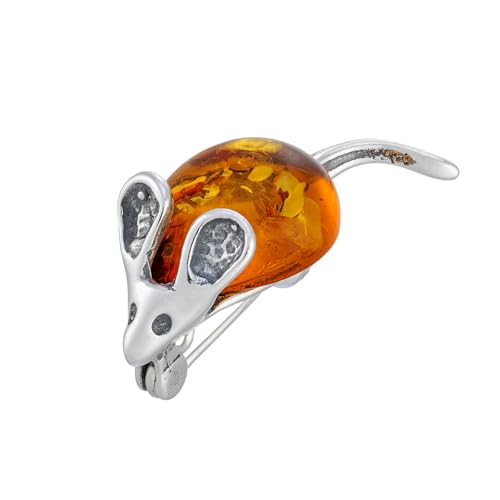 AMBEDORA Damen Silberne Brosche Maus mit Bernstein, Poliertes Sterling Silber, Baltischer Bernstein in Cognac Farbe von AMBEDORA
