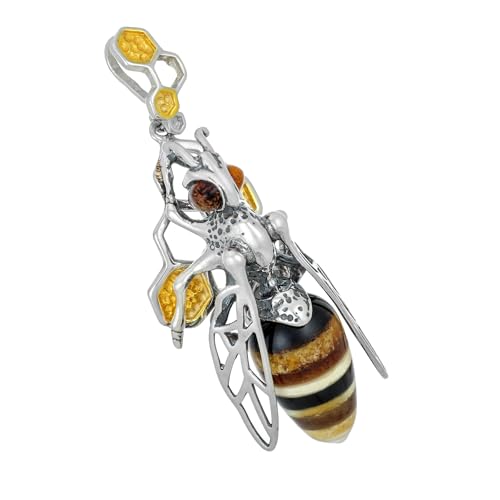 AMBEDORA Damen Silberner Anhänger Große Biene mod.04, Bunter Baltischer Bernstein, Oxidiertes Sterling Silber von AMBEDORA