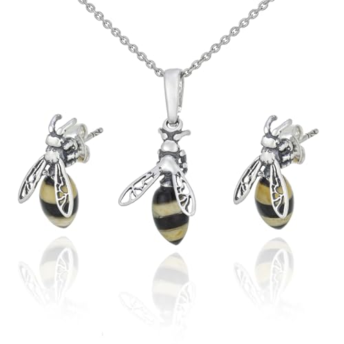 AMBEDORA Damen Silberschmuck-Set Bienen mod.09s, Bunter Baltischer Bernstein, Oxidiertes Sterling Silber, Silberanhänger an Kette und Ohrringe von AMBEDORA