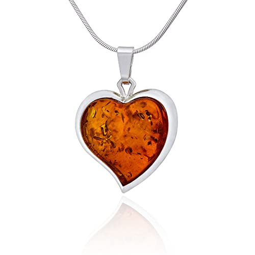 AMBEDORA Damen Sterling Silber Halskette Polierte Silber Finish mit Nano-Beschichtung Baltisches Bernstein Herz, Bernstein Herz Anhänger Größe L an Kette, Geschenkset von AMBEDORA