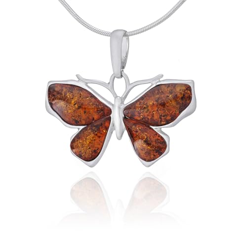 AMBEDORA Damenhalskette Kleiner Schmetterling I, Poliertes Sterling Silber, Baltischer Bernstein in Cognac Farbe, Silber Schmetterling Anhänger mit Kette von AMBEDORA