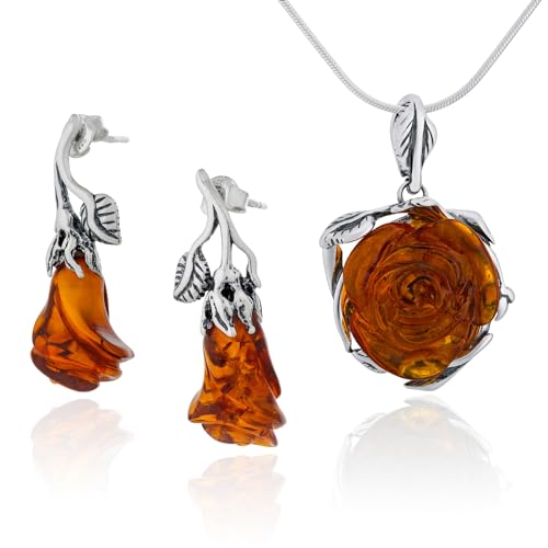AMBEDORA Damenschmuck Set Bernstein 060, Oxidiertes Sterling Silber, Handgeschnitzte Bernsteinrosen in Cognacfarbe, Silberanhänger an Kette und Ohrringe von AMBEDORA