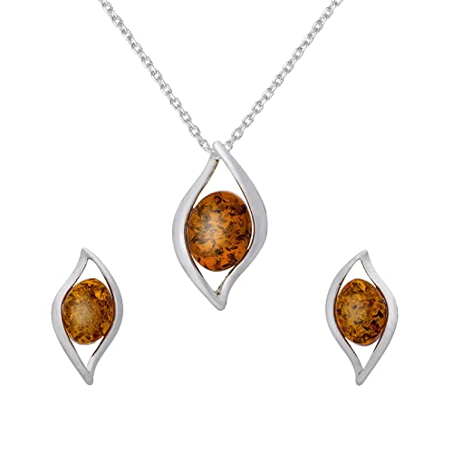 AMBEDORA Damenschmuck-Set Bernsteinflammen, Poliertes Sterling Silber, Baltischer Bernstein in Cognac Farbe, Silberanhänger Anhänger an Kette und Ohrringe von AMBEDORA