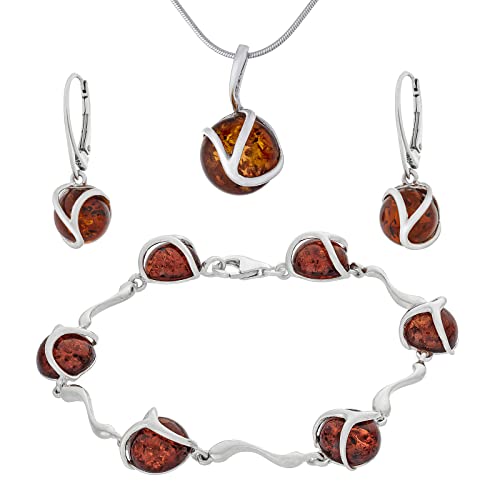 AMBEDORA Großes Damen-Schmuckset Amber 383, Poliertes Sterling Silber, Cognacfarbener Baltischer Bernstein, Armband, Anhänger mit Kette und Ohrringe von AMBEDORA